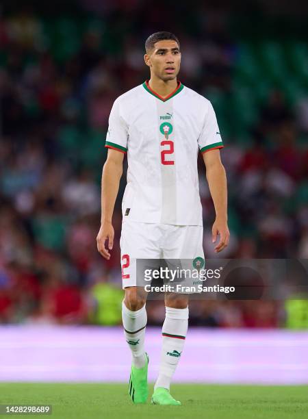 Achraf Hakimi of Morocco in action during a friendly match between Paraguay and Morocco at Estadio Benito Villamarin on September 27, 2022 in...