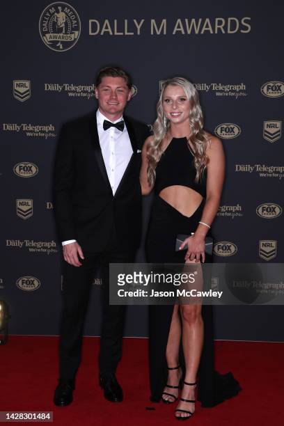 Tarryn Aiken of the Broncos and her partner arrive ahead of the 2022 Dally M Awards at The Winx Stand, Royal Randwick Racecourse on September 28,...