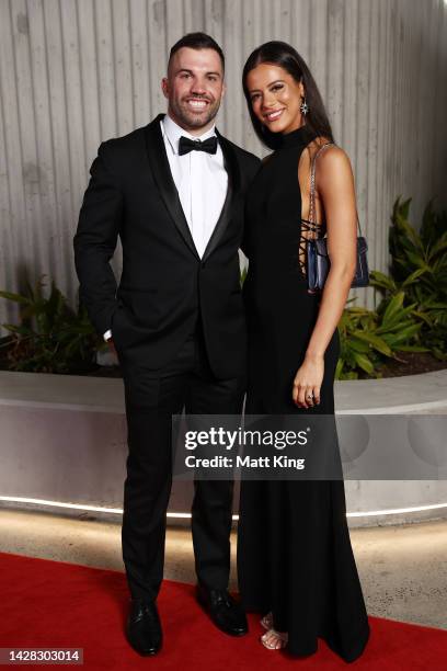 James Tedesco, dressed by MJ Bale, and his partner Maria Glinellis arrive ahead of the 2022 Dally M Awards at The Winx Stand, Royal Randwick...