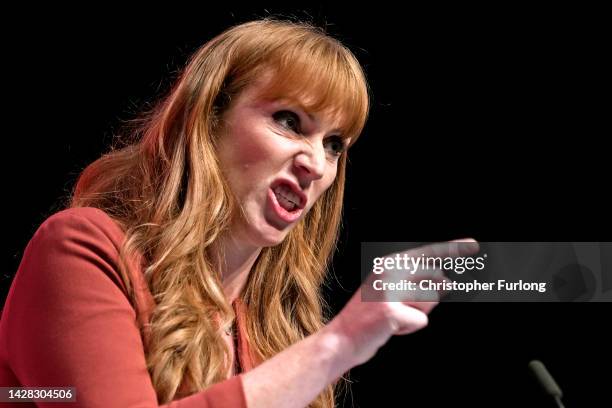 Angela Rayner, Deputy leader of the Labour Party speaks on the final day of the Labour Party Conference at the ACC on September 28, 2022 in...