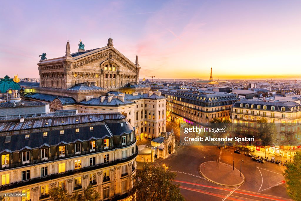 Paris cityscape during sunset, high angle view, France