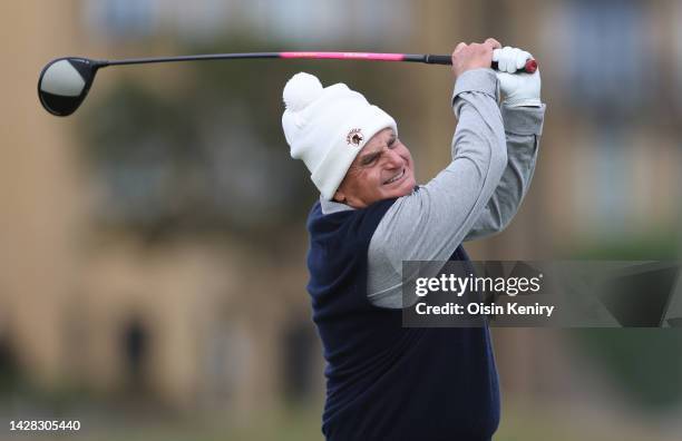 Jimmy Dunne of The United States tees off on the 18th hole during a practice round prior to the Alfred Dunhill Links Championship on the Old Course...