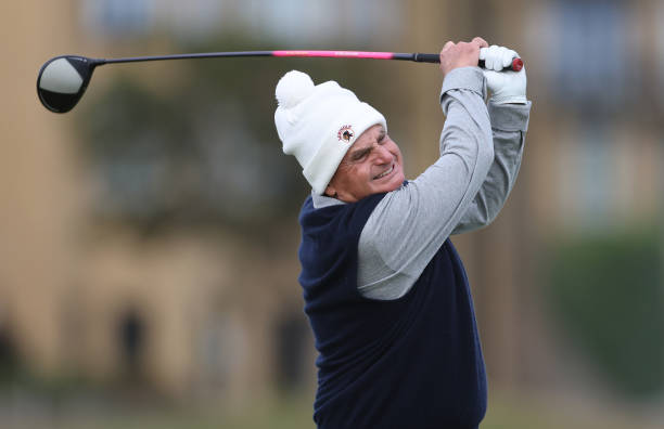 Jimmy Dunne of The United States tees off on the 18th hole during a practice round prior to the Alfred Dunhill Links Championship on the Old Course...