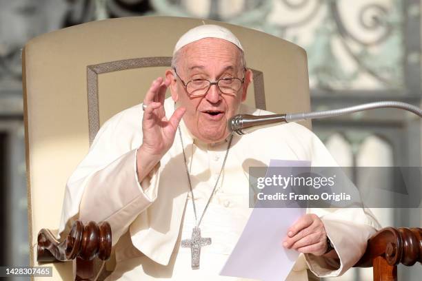 Pope Francis holds his homily at St Peter's Square during his Wednesday General Audience on September 28, 2022 in Vatican City, Vatican. The Holy See...