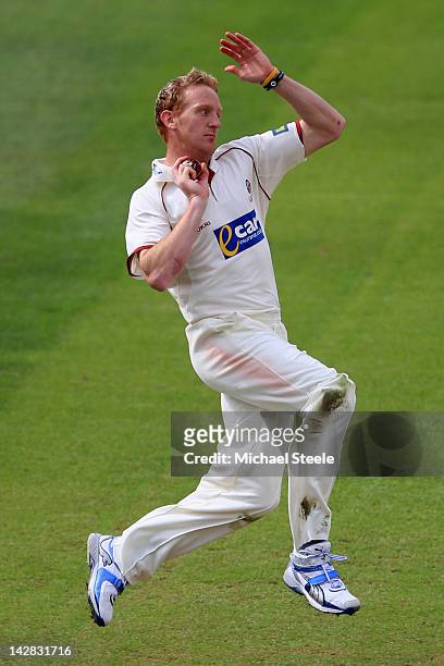 Steve Kirby of Somerset during day two of the LV County Championship division one match between Warwickshire and Somerset at Edgbaston on April 13,...