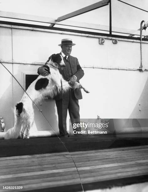 Colonel J L Euser with Russian wolfhound Domino, US, 15th September 1922.