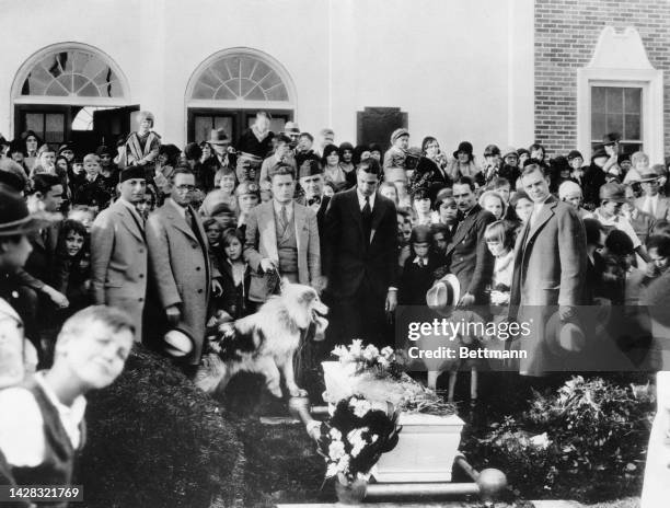 Mourners gather around the casket of Unalaska, Alaskan Malamute lead dog on Byrd's Antarctic Expedition, after it was killed by a hit-and-run driver...
