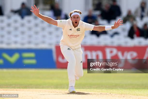 Stuart Broad of Nottinghamshire reacts during the LV= Insurance County Championship match between Nottinghamshire and Durham at Trent Bridge on...