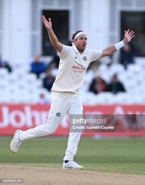 Stuart Broad of Nottinghamshire reacts during the LV= Insurance County Championship match between Nottinghamshire and Durham at Trent Bridge on...