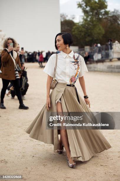 Molly Chiang wearing a long beige pleated maxi skirt and white shirt with ornaments outside Christian Dior, during Paris Fashion Week - Womenswear...