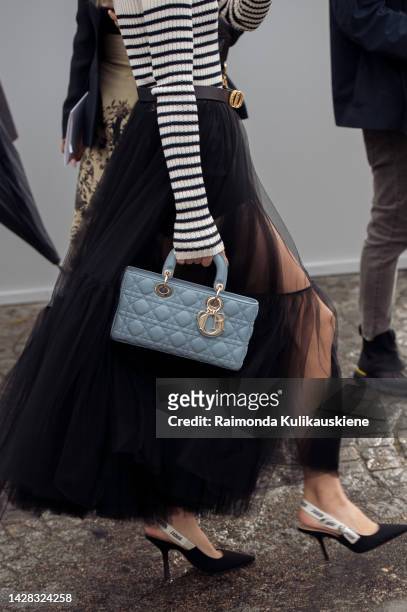 Guest wearing black tule skirt, black and white striped top and blue Dior bag outside Christian Dior, during Paris Fashion Week - Womenswear...