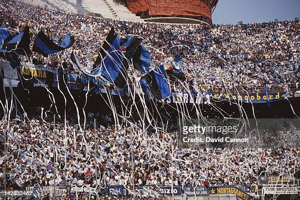 Inter Milan football fans during a Serie A match against A.C. Milan on 30th April 1989 at the San Siro Stadium in Milan, Italy.