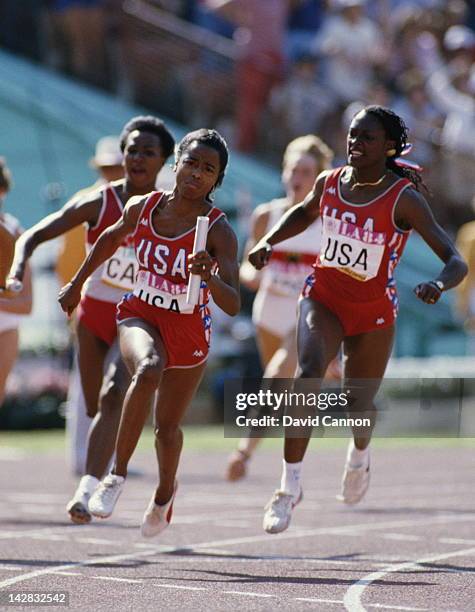 Chandra Cheeseborough hands off the baton to Evelyn Ashford of the United States during the Women's 4 × 100 metres Relay event on 11th August 1984...