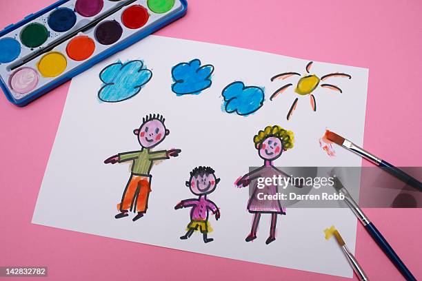 a young child's painting of a family - child's drawing stock pictures, royalty-free photos & images