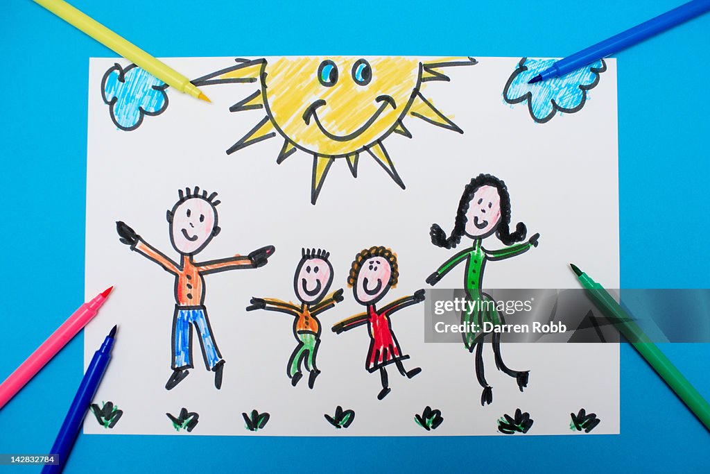 A young child's drawing of a happy family jumping