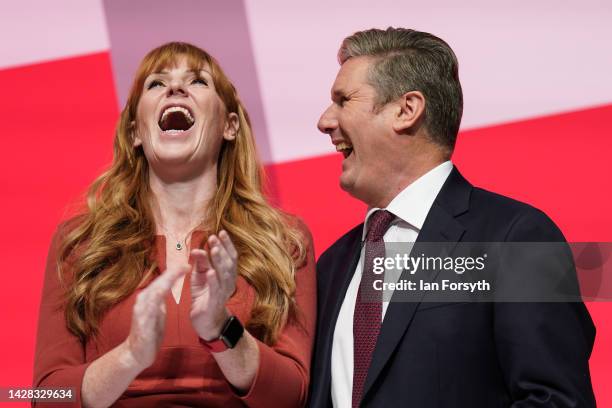 Angela Rayner, Deputy Leader of the Labour Party and Sir Keir Starmer, Leader of the Labour Party share a joke on the final day of the Labour Party...