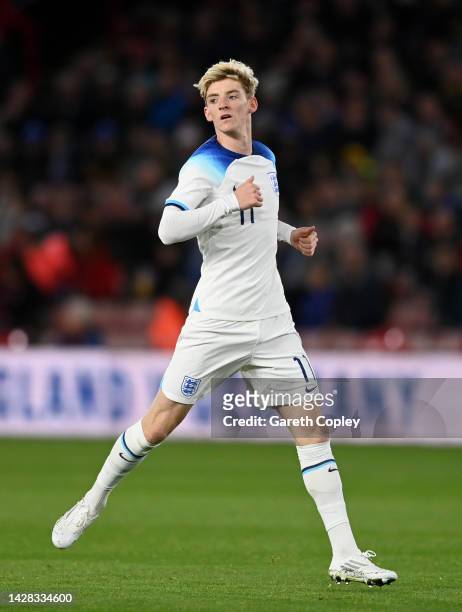 Anthony Gordon of England during the International Friendly between England U21 and Germany U21 at Bramall Lane on September 27, 2022 in Sheffield,...