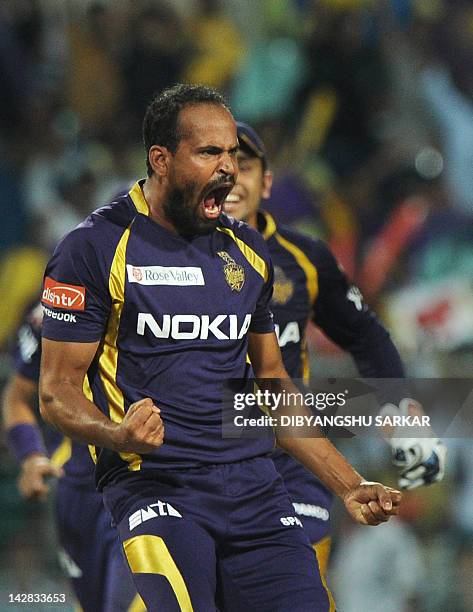 Kolkata Knight Riders bowler Yusuf Pathan celebrates after the dismissal of Rajasthan Royals batsman Ashok Mineria during the IPL Twenty20 cricket...