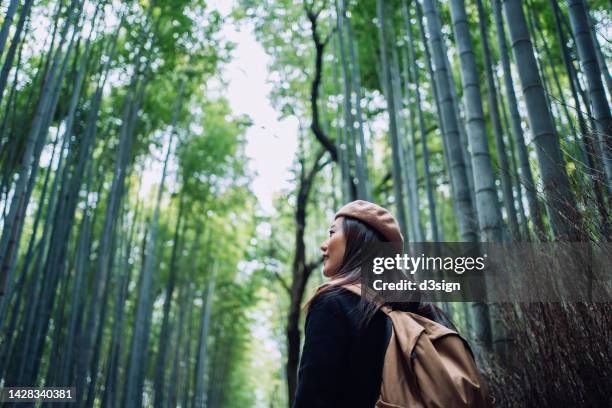 beautiful young asian female traveller enjoying in nature. she is walking along the pathway in the bamboo grove of arashiyama, kyoto, exploring and admiring the spectacular nature scenics. travel and tourism. travel destination. international landmark - verwonderingsdrang stockfoto's en -beelden