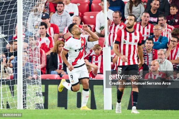 Radamel Falcao of Rayo Vallecano celebrates after scoring his team's second goal during the LaLiga Santander match between Athletic Club and Rayo...