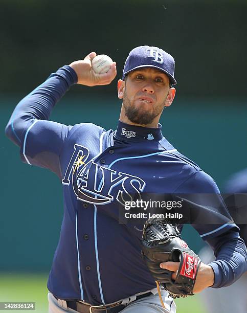 James Shields of the Tampa Bay Rays pitches during the game against the Detroit Tigers at Comerica Park on April 11, 2012 in Detroit, Michigan. The...