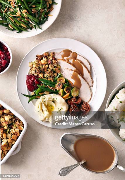 overhead of turkey meal on white surface - tipo di cibo foto e immagini stock