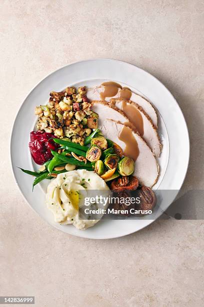 overhead of turkey meal on plate - thanksgiving indulgence stock pictures, royalty-free photos & images