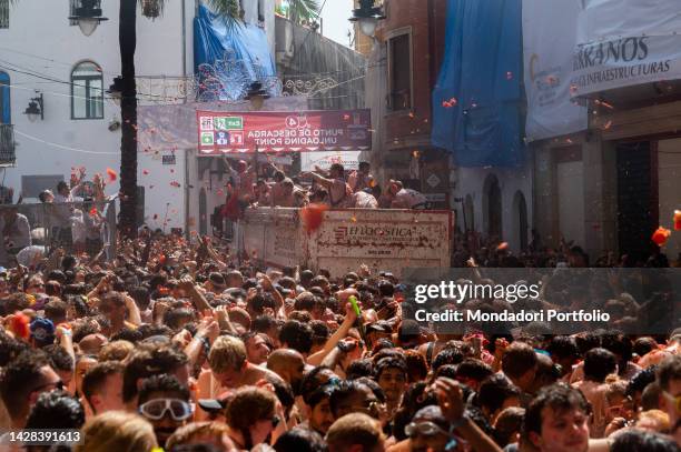 Participants in the festival La Tomatina, a tomato battle that is celebrated every year in the city of Bunol. It is the biggest food battle in the...