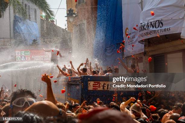 Participants in the festival La Tomatina, a tomato battle that is celebrated every year in the city of Bunol. It is the biggest food battle in the...