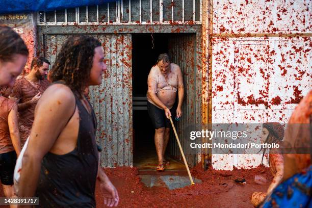 Participants in the festival La Tomatina, a tomato battle that is celebrated every year in the city of Bunol. It is the biggest food battle in the...