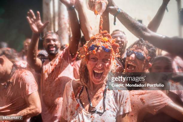 Participants in the festival La Tomatina, a tomato battle that is celebrated every year in the city of Bunol. It is the biggest food battle in the...