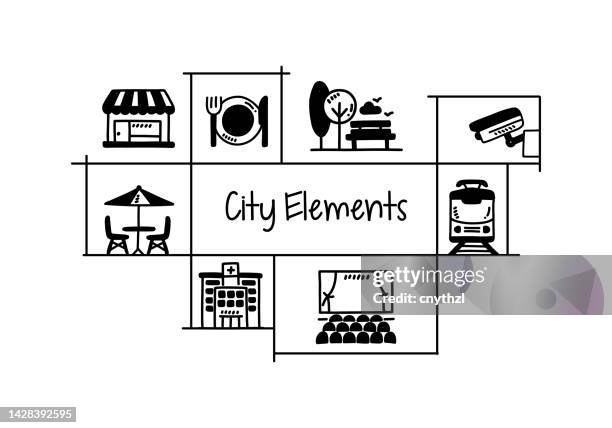 city elements related hand drawn banner design vector illustration - home security camera stock illustrations