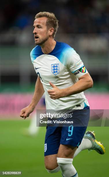 Harry Kane of England in action during the UEFA Nations League League A Group 3 match between Italy and England at San Siro on September 23, 2022 in...