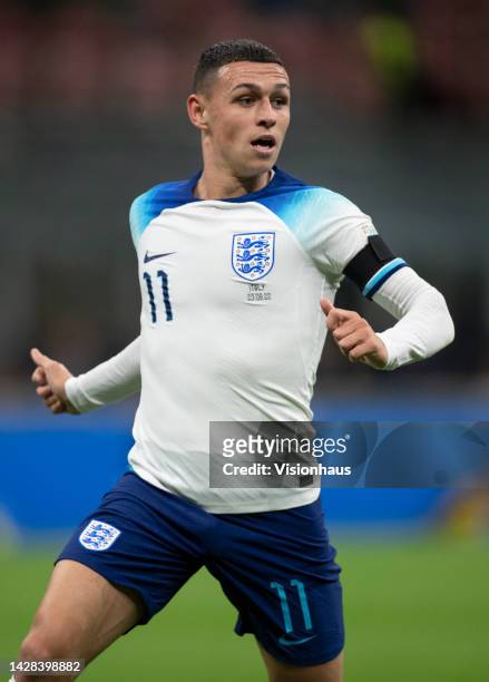 Phil Foden of England in action during the UEFA Nations League League A Group 3 match between Italy and England at San Siro on September 23, 2022 in...