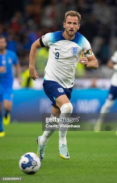Harry Kane of England in action during the UEFA Nations League League A Group 3 match between Italy and England at San Siro on September 23, 2022 in...