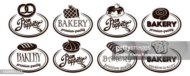 illustrations, cliparts, dessins animés et icônes de concept de cuisson dans un style plat. pâtisserie sucrée logos plats de boulangerie et de boulangerie sur fond blanc isolé. icônes graphiques élégantes pour la commande en ligne, la page web, la conception et l’impression d’applications. - donut shop logo