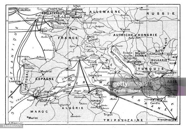 antique illustration: telegraph cable map - telegram telegraph message stock illustrations