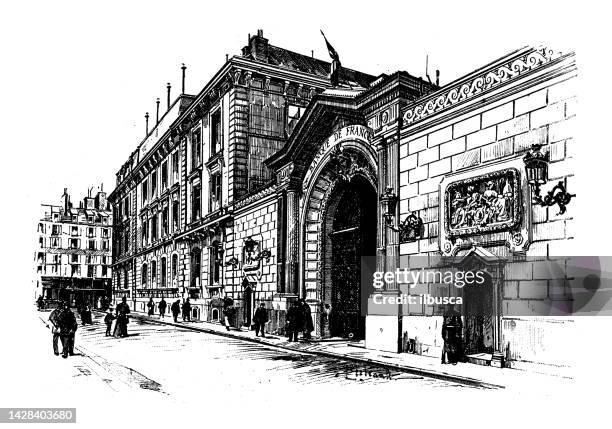 antique illustration: bank of france - finance and economy photos stock illustrations