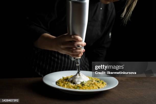 female chef putting a whipped cream frosting on a plate of risotto using a cream dispenser - molecular gastronomy stock pictures, royalty-free photos & images