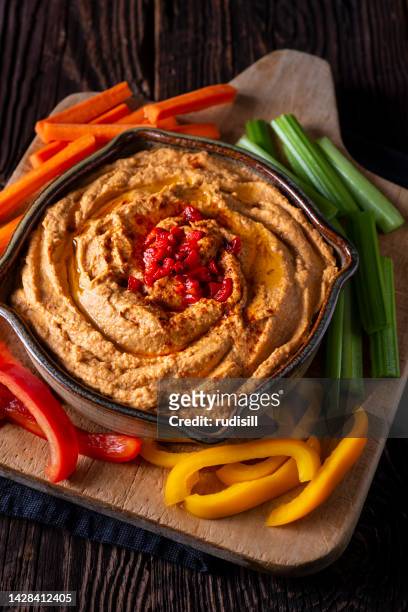 red pepper hummus - roasted pepper stock pictures, royalty-free photos & images