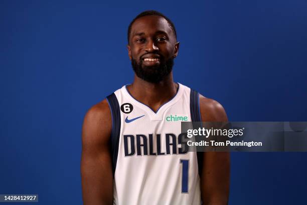 Theo Pinson of the Dallas Mavericks poses for a portrait during the Dallas Mavericks Media Day at American Airlines Center on September 26, 2022 in...