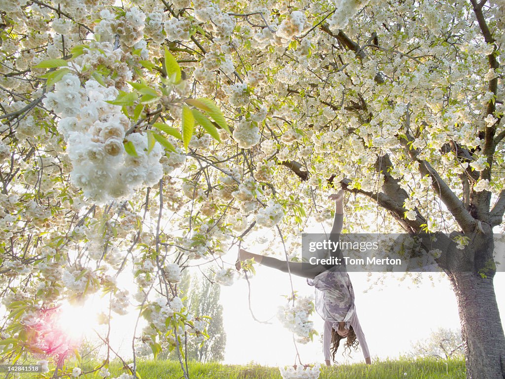 Girl doing cartwheels under flowering tree