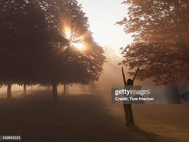 woman practicing yoga in foggy field - silhouette people back lit stock pictures, royalty-free photos & images