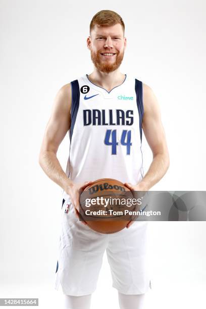 Davis Bertans of the Dallas Mavericks poses for a portrait during the Dallas Mavericks Media Day at American Airlines Center on September 26, 2022 in...