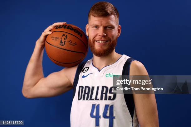 Davis Bertans of the Dallas Mavericks poses for a portrait during the Dallas Mavericks Media Day at American Airlines Center on September 26, 2022 in...