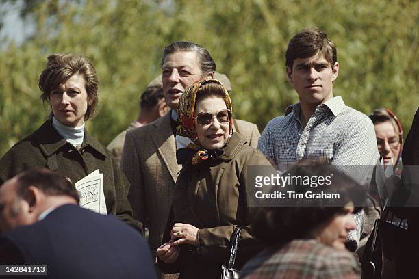 Queen Elizabeth II with Princess Alexandra, Sir Angus Ogilvy and her son Prince Andrew at the Royal Windsor Horse Show, Windsor, 10th May 1980.
