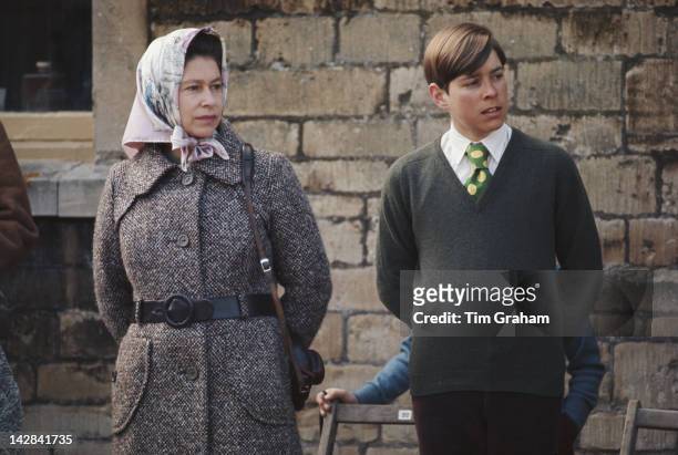 Queen Elizabeth II and Prince Andrew at the Badminton Horse Trials in Gloucestershire, 1973.