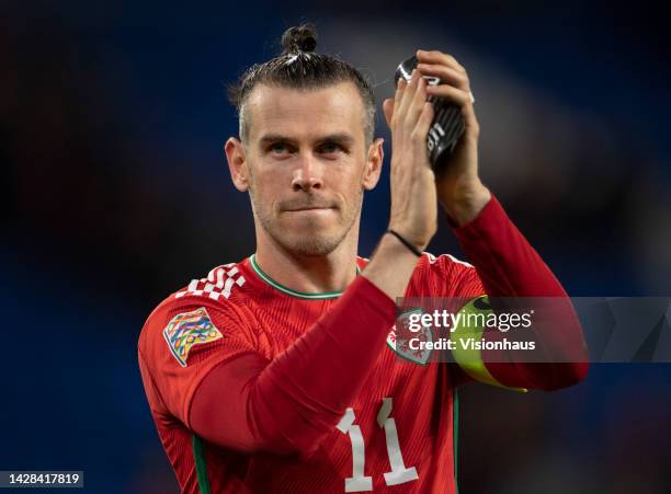Gareth Bale of Wales applauds the fans after the UEFA Nations League League A Group 4 match between Wales and Poland at Cardiff City Stadium on...
