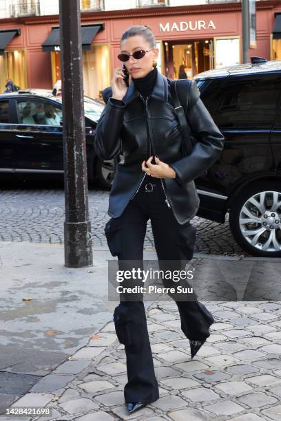 Hailey Bieber is seen arriving at a hotel on September 28, 2022 in Paris, France.