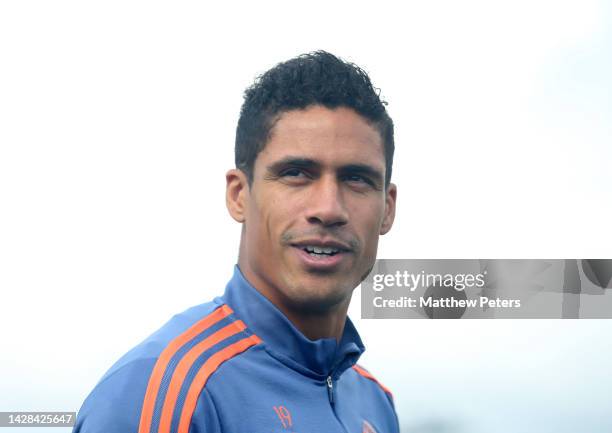 Raphael Varane of Manchester United in action during a first team training session at Carrington Training Ground on September 28, 2022 in Manchester,...